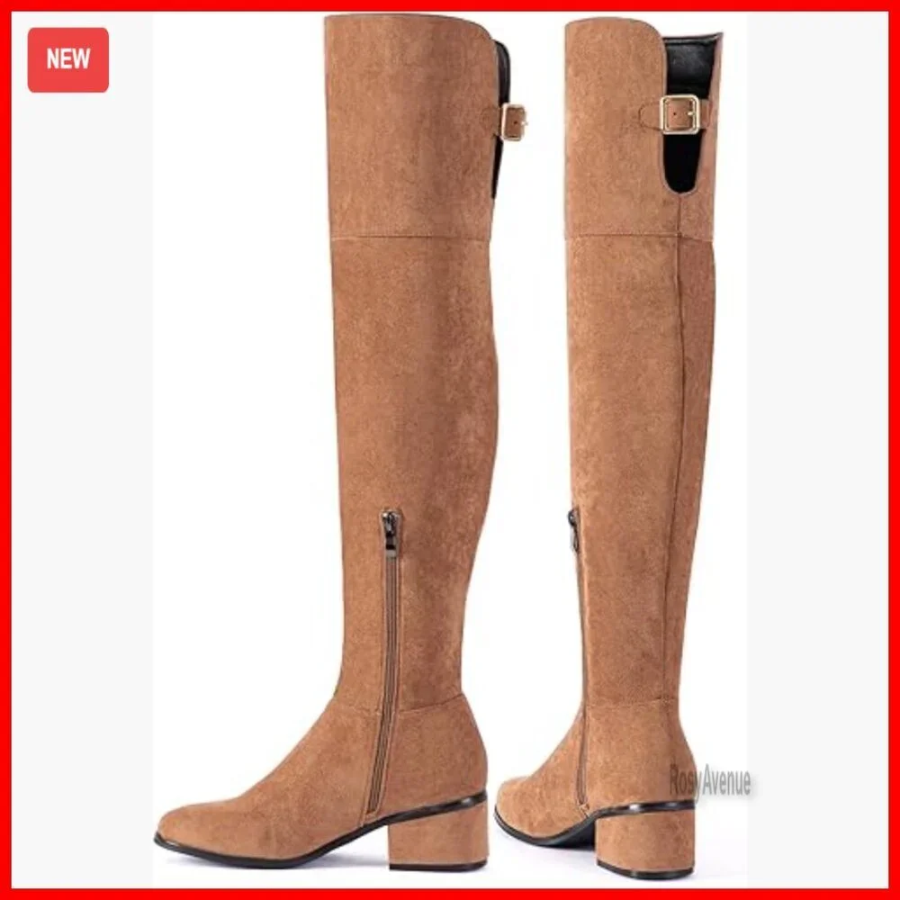 Women's Over-the-Knee Boots with Adjustable Buckle, Side Zipper, 2-Inch Block